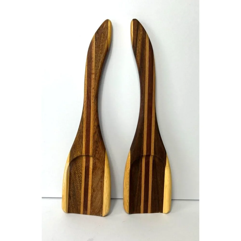 Vintage Striped Wooden Salad Servers 12